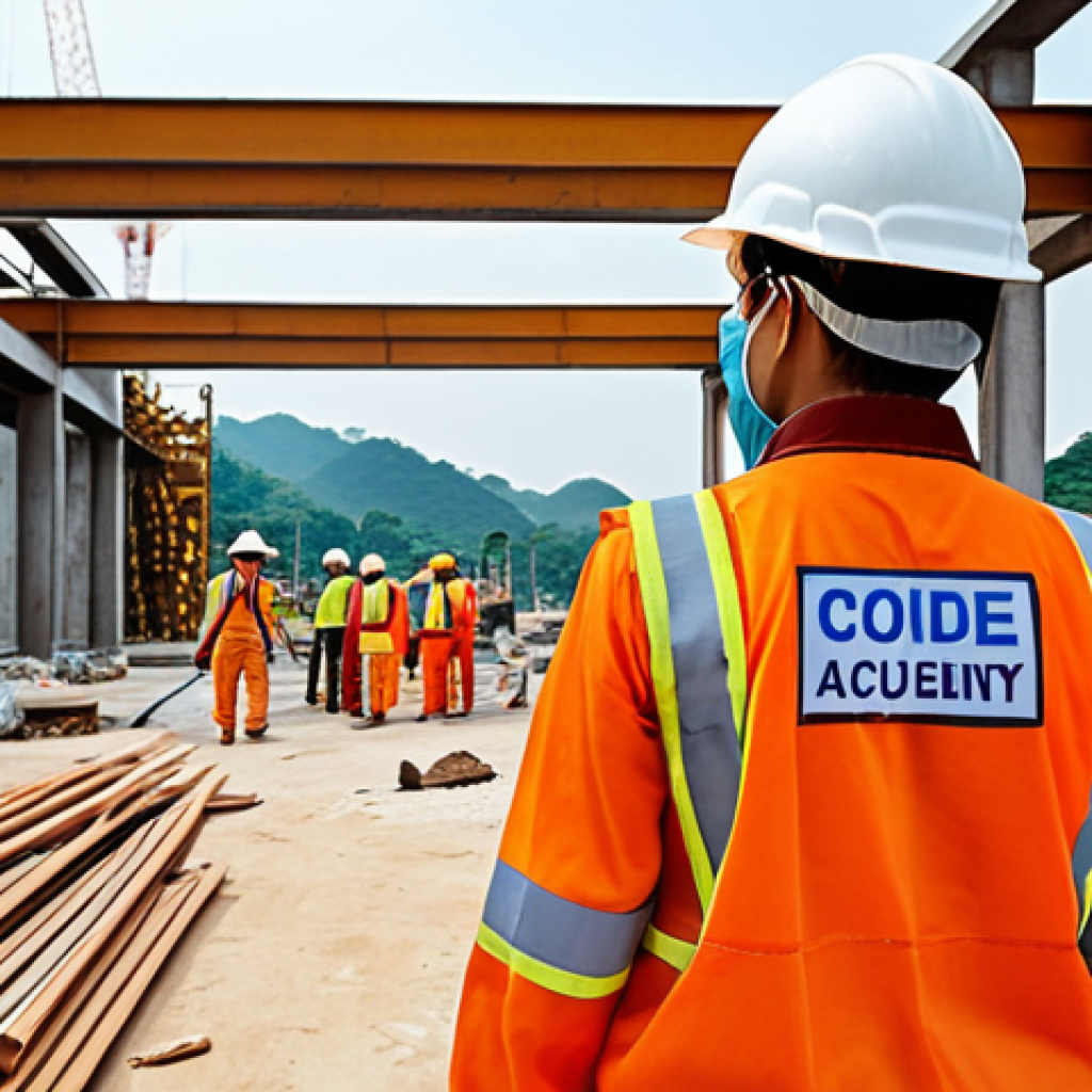 **

> A construction site with workers wearing safety gear. Focus on visible safety measures: hard hats, safety harnesses, and clear hazard signage. The scene should illustrate adherence to safety regulations and accident prevention in a typical Vietnamese construction setting. The image should convey a sense of order, diligence, and compliance.

**