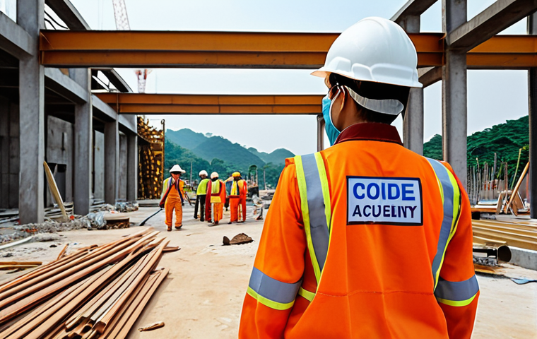 **

> A construction site with workers wearing safety gear. Focus on visible safety measures: hard hats, safety harnesses, and clear hazard signage. The scene should illustrate adherence to safety regulations and accident prevention in a typical Vietnamese construction setting. The image should convey a sense of order, diligence, and compliance.

**