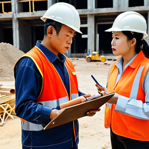 **

A busy construction site in Vietnam, with workers wearing safety helmets and vests. A safety engineer is inspecting the site, holding a clipboard and talking to a construction worker. Focus on showcasing safe working practices and modern construction equipment.

**