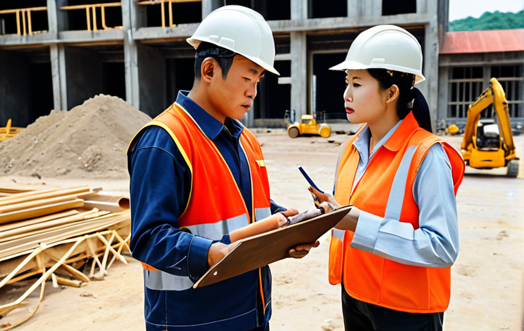 **
A busy construction site in Vietnam, with workers wearing safety helmets and vests. A safety engineer is inspecting the site, holding a clipboard and talking to a construction worker. Focus on showcasing safe working practices and modern construction equipment.
**