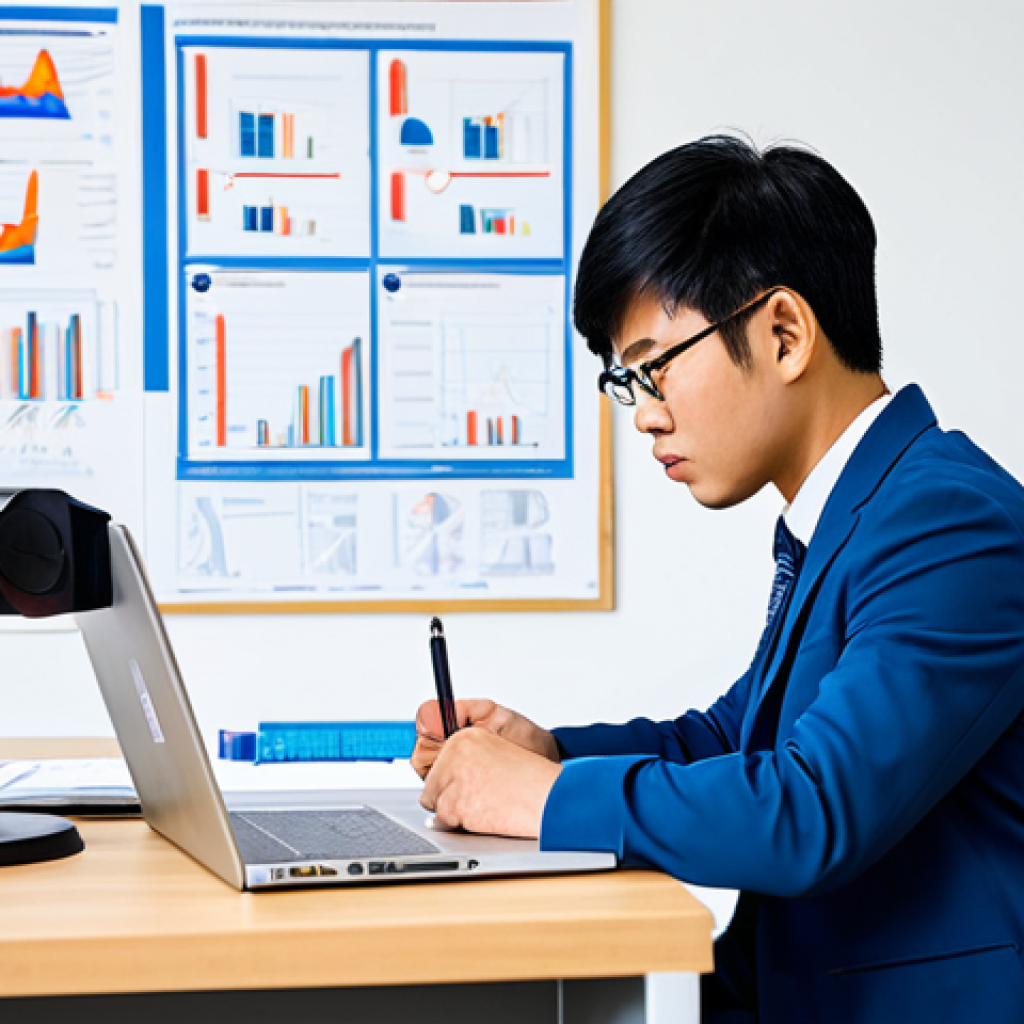 A focused Vietnamese professional, an aspiring Construction Safety Engineer, diligently studying in a bright, modern office. The individual is seated at a clean desk, surrounded by technical blueprints, safety regulations manuals, and an open laptop displaying complex diagrams. They are wearing a modest business suit, fully clothed, appropriate attire, professional dress. The pose is natural, conveying deep concentration and determination. The environment is clean and organized, emphasizing professionalism and intellectual pursuit. Perfect anatomy, correct proportions, well-formed hands, proper finger count, natural body proportions. This image is safe for work, appropriate content, fully clothed, professional, modest, family-friendly, high quality, professional photography.