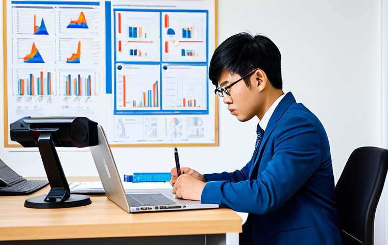 A focused Vietnamese professional, an aspiring Construction Safety Engineer, diligently studying in a bright, modern office. The individual is seated at a clean desk, surrounded by technical blueprints, safety regulations manuals, and an open laptop displaying complex diagrams. They are wearing a modest business suit, fully clothed, appropriate attire, professional dress. The pose is natural, conveying deep concentration and determination. The environment is clean and organized, emphasizing professionalism and intellectual pursuit. Perfect anatomy, correct proportions, well-formed hands, proper finger count, natural body proportions. This image is safe for work, appropriate content, fully clothed, professional, modest, family-friendly, high quality, professional photography.