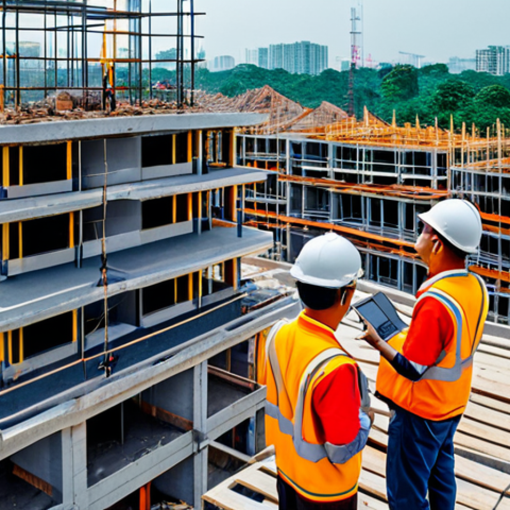 Drone Construction Site Inspection**

"A drone flying over a bustling construction site in Ho Chi Minh City, Vietnam. The drone is capturing high-resolution footage of workers in appropriate attire, checking for safety compliance. Workers are wearing hard hats and vests. The site shows a half-finished building in the background with scaffolding. Safe for work, appropriate content, fully clothed, professional, perfect anatomy, correct proportions, natural pose, professional photography, high quality."

**