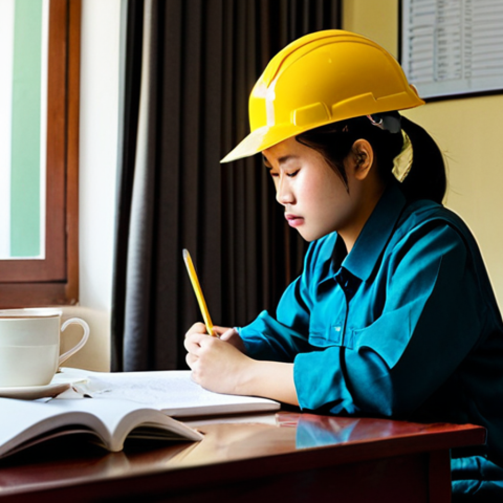 건설안전기사 필기 합격 전략 - **Prompt 1: Dedicated Study After Work**
    "A young Vietnamese construction engineer, a woman in h...