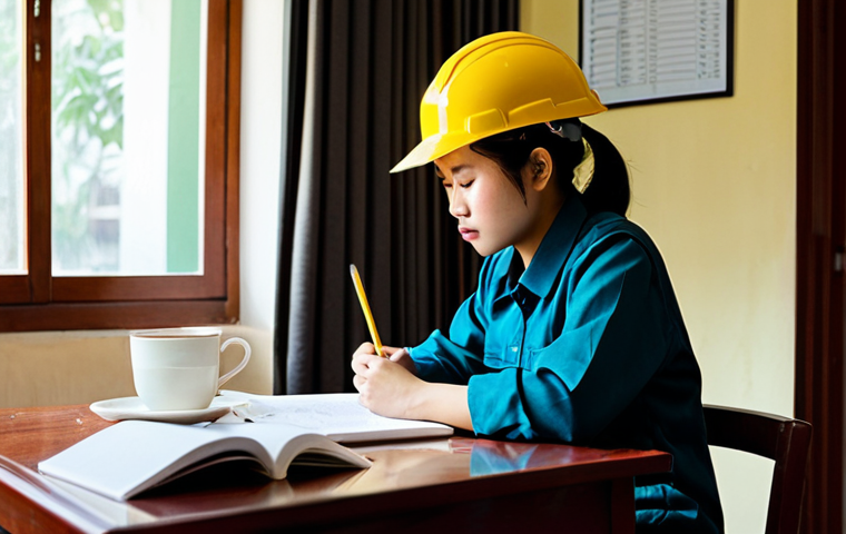 건설안전기사 필기 합격 전략 - **Prompt 1: Dedicated Study After Work**
    "A young Vietnamese construction engineer, a woman in h...