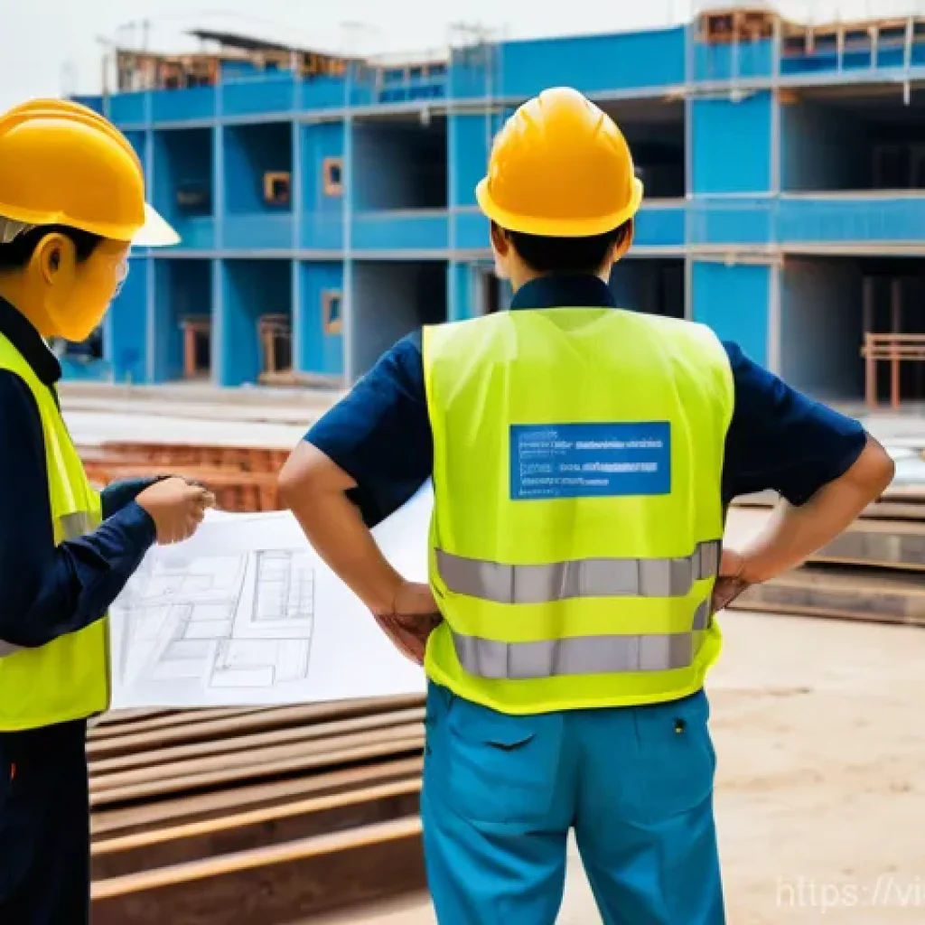 건설안전 실무자를 위한 법적 의무 및 책임 - **Prompt:** A dynamic, bright, and modern scene on a Vietnamese construction site during the day. A ...