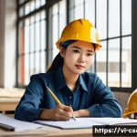 건설안전기사 실기시험 준비를 위한 필수 정보 - **Prompt:** A detailed, realistic photo of a diligent young Vietnamese construction worker, either m...