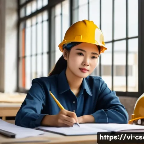 건설안전기사 실기시험 준비를 위한 필수 정보 - **Prompt:** A detailed, realistic photo of a diligent young Vietnamese construction worker, either m...
