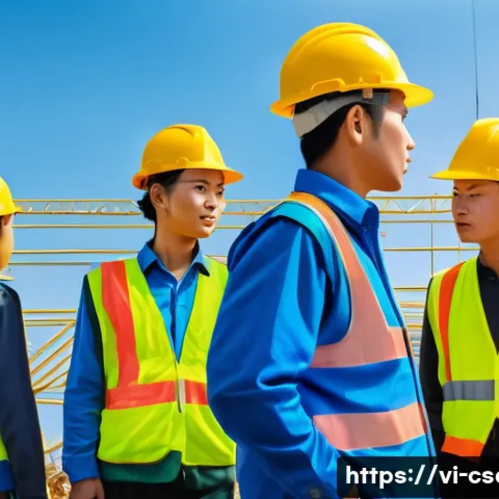 건설안전 전문가를 위한 강의 추천 - A vibrant construction site in Vietnam with diverse workers wearing bright yellow safety helmets, re...