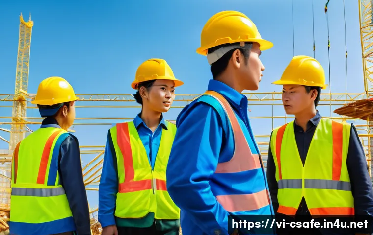 건설안전 전문가를 위한 강의 추천 - A vibrant construction site in Vietnam with diverse workers wearing bright yellow safety helmets, re...