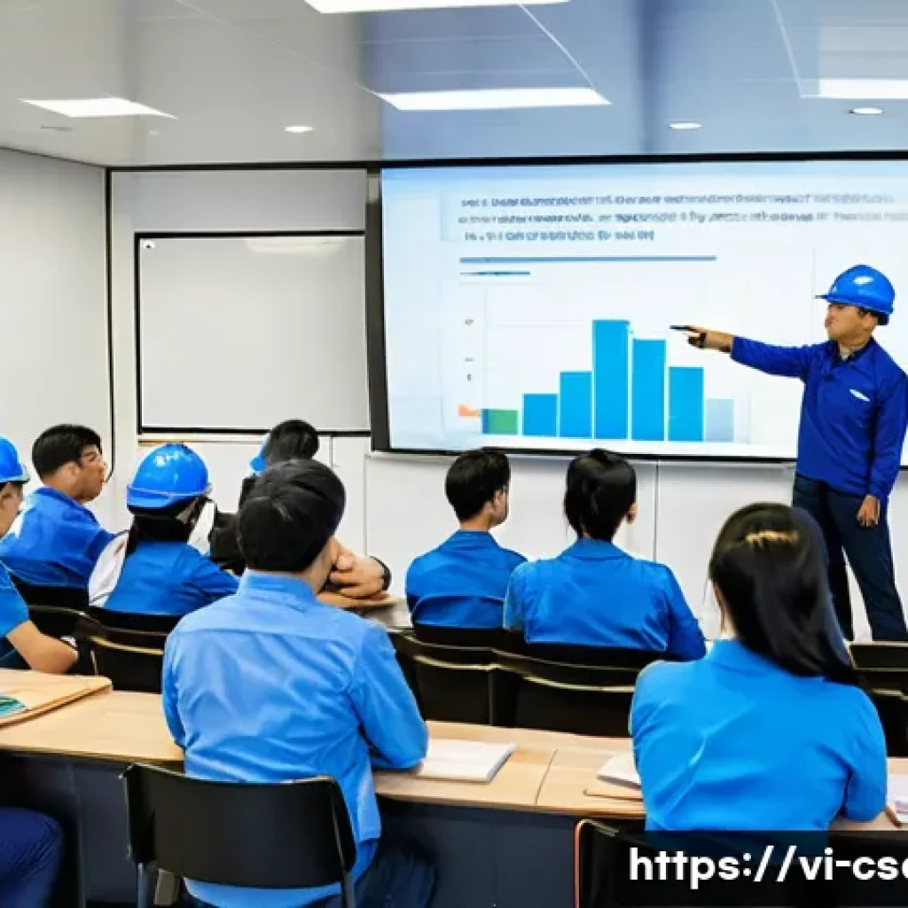 건설안전기사 시험 후기 모음 - A modern Vietnamese classroom setting for construction safety training, featuring a diverse group of...