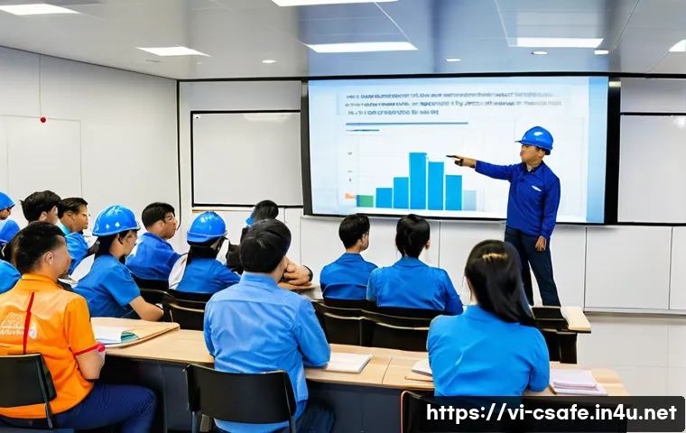 건설안전기사 시험 후기 모음 - A modern Vietnamese classroom setting for construction safety training, featuring a diverse group of...