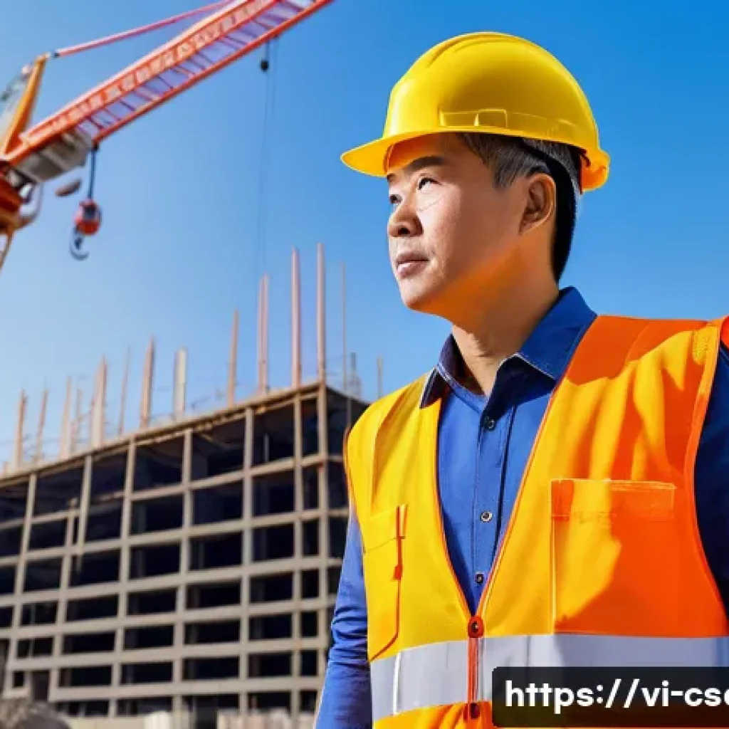 건설안전기사와 관련된 공기업 취업 정보 - A professional Vietnamese construction safety officer wearing a high-visibility safety vest, hard ha...