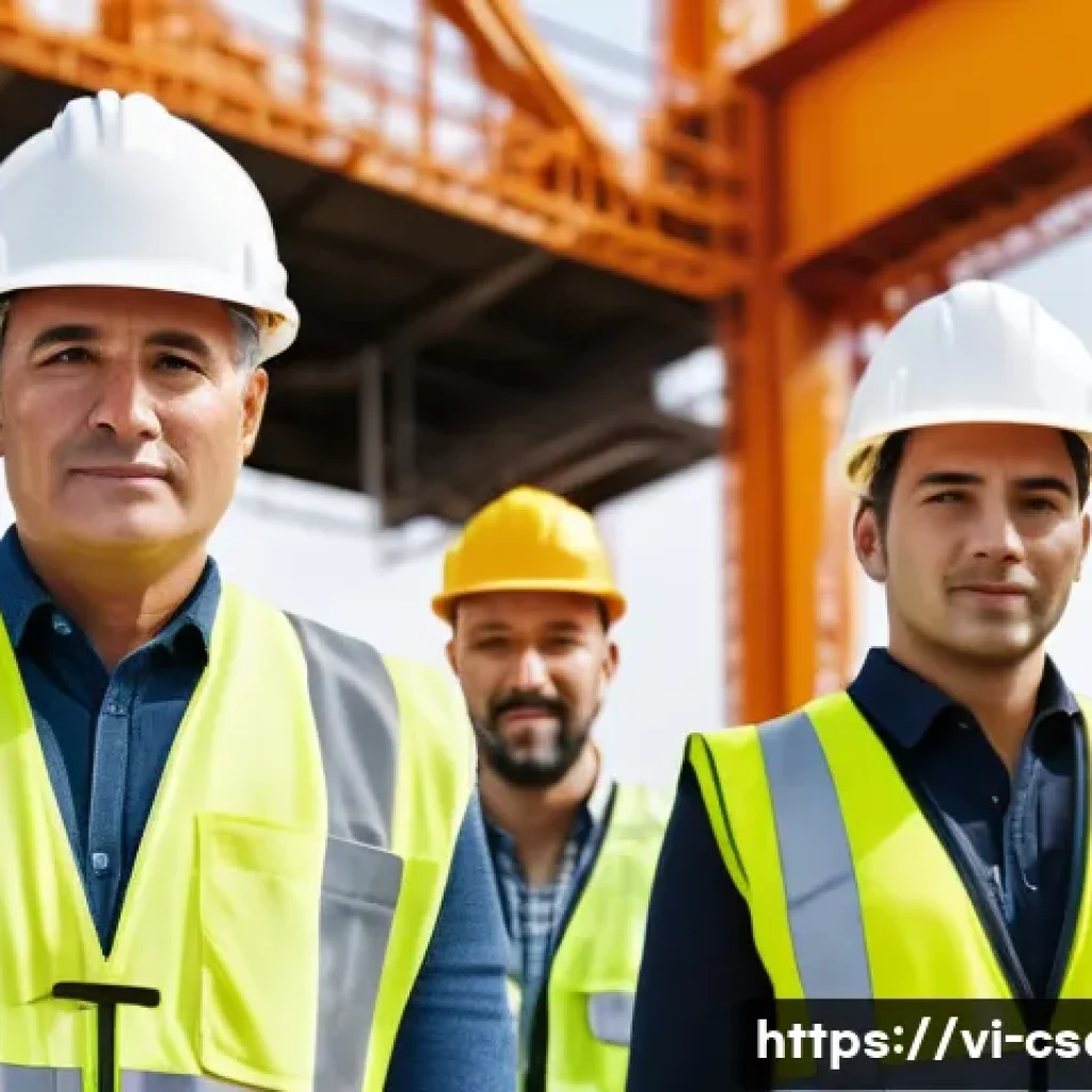 건설안전기사 자격증의 해외 취업 활용도 - A diverse group of professional construction workers wearing safety helmets, reflective vests, and p...