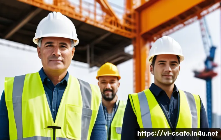 건설안전기사 자격증의 해외 취업 활용도 - A diverse group of professional construction workers wearing safety helmets, reflective vests, and p...