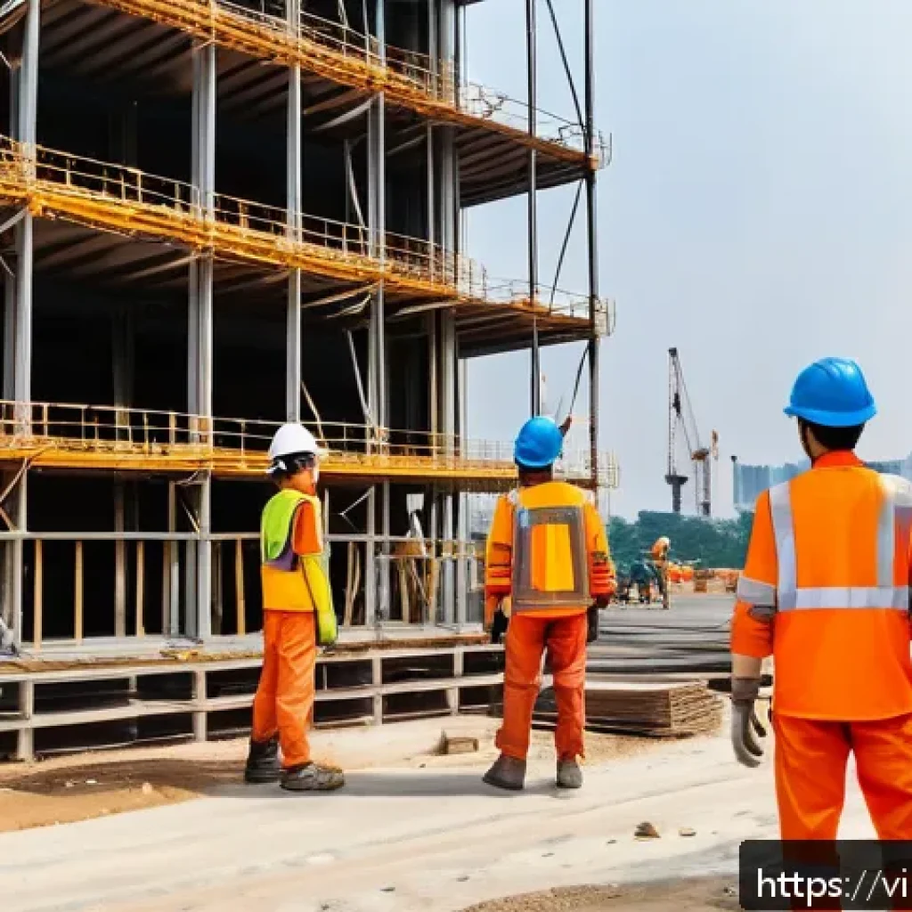 건설안전 실무자를 위한 필독 서적 - A modern Vietnamese construction site scene featuring diverse workers wearing full personal protecti...
