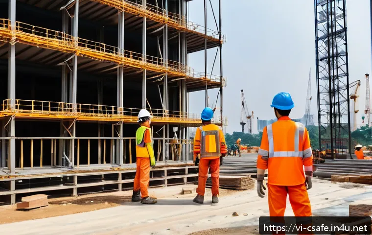 건설안전 실무자를 위한 필독 서적 - A modern Vietnamese construction site scene featuring diverse workers wearing full personal protecti...
