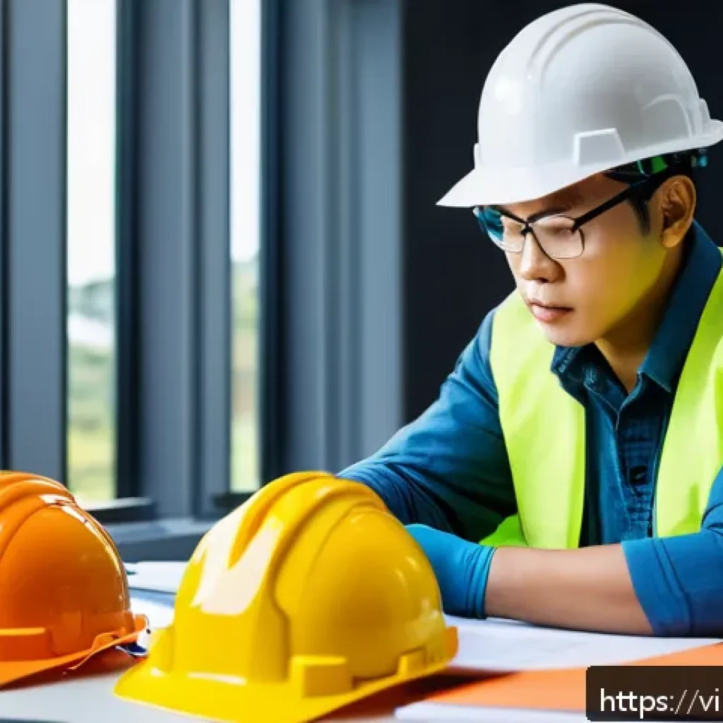 건설안전기사 시험 합격 후기 - A focused Vietnamese construction worker wearing safety gear including a yellow hard hat, reflective...