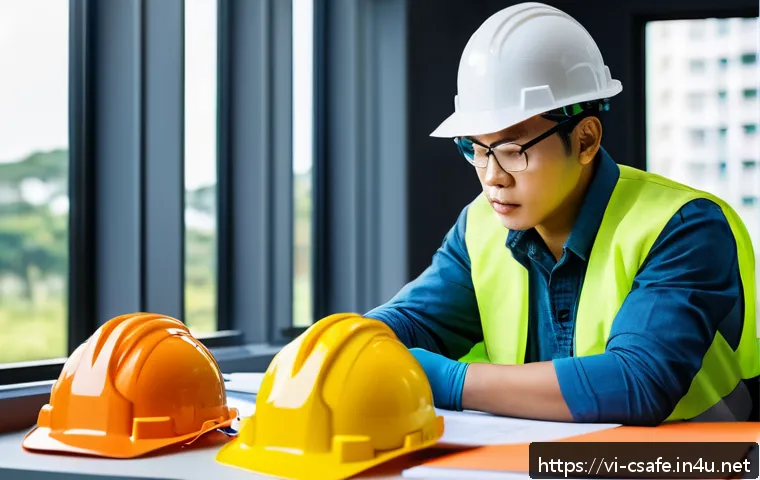 건설안전기사 시험 합격 후기 - A focused Vietnamese construction worker wearing safety gear including a yellow hard hat, reflective...