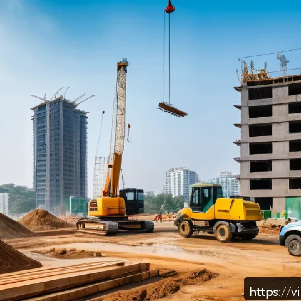 건설안전관리와 환경관리의 차이 - A busy Vietnamese construction site with workers wearing full protective gear including helmets, saf...