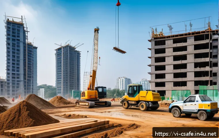 건설안전관리와 환경관리의 차이 - A busy Vietnamese construction site with workers wearing full protective gear including helmets, saf...