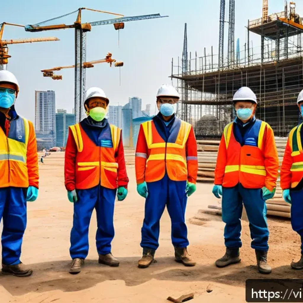 건설안전기사와 관련된 최신 뉴스 - A modern Vietnamese construction site bustling with workers wearing full personal protective equipme...