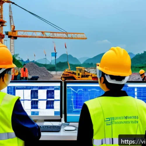 건설안전관리와 관련된 최신 기술 - A high-tech construction site in Vietnam featuring workers wearing smart wrist sensors that monitor ...