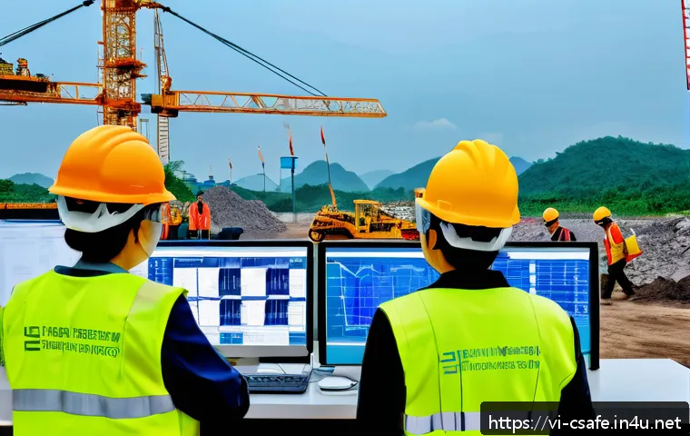 건설안전관리와 관련된 최신 기술 - A high-tech construction site in Vietnam featuring workers wearing smart wrist sensors that monitor ...