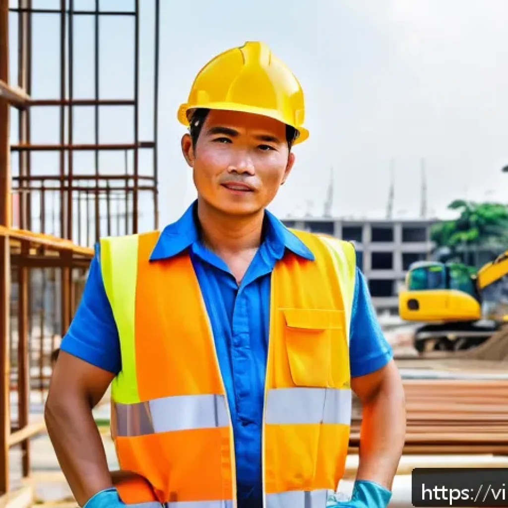 건설안전 전문가를 위한 자격증 추가 취득법 - A professional Vietnamese construction worker wearing a bright yellow safety helmet, reflective vest...
