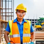 건설안전 전문가를 위한 자격증 추가 취득법 - A professional Vietnamese construction worker wearing a bright yellow safety helmet, reflective vest...