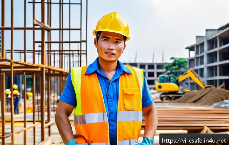건설안전 전문가를 위한 자격증 추가 취득법 - A professional Vietnamese construction worker wearing a bright yellow safety helmet, reflective vest...