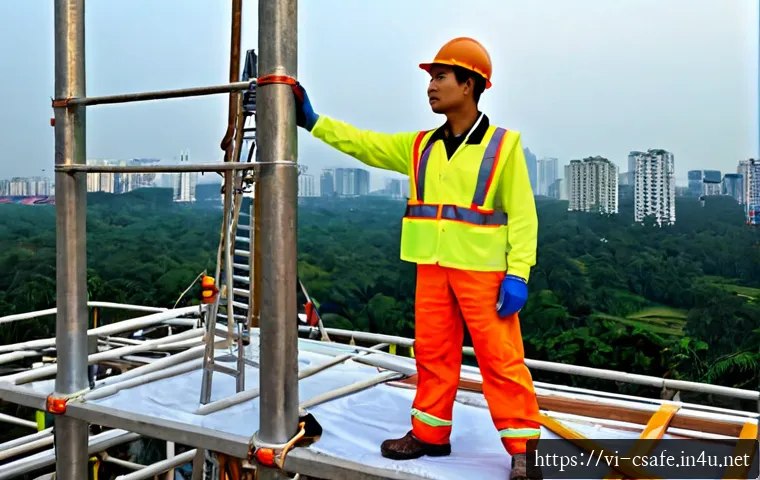 건설안전에서 자주 접하는 사고 유형 - Photorealistic Vietnamese construction site safety scene, a worker in hard hat, reflective vest, lon...