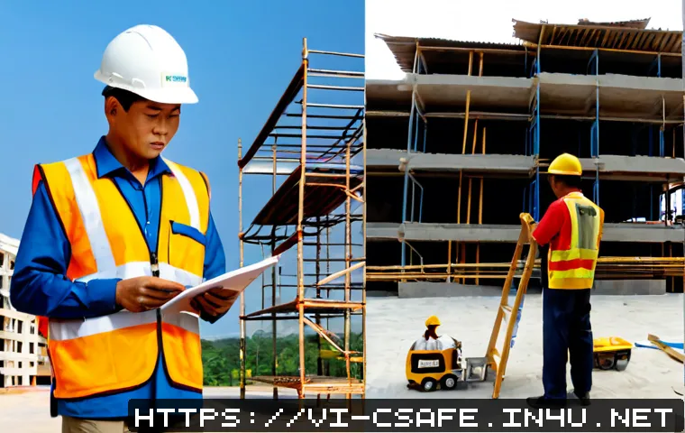 Home 17 건설안전기사 직무별 연봉 차이 - Photorealistic split-scene comparison in Vietnam: a construction safety officer wearing a reflective...